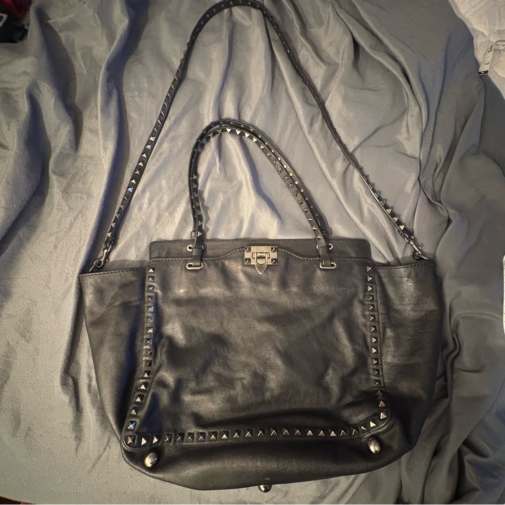Valentino Garavani Noir Rockstud Tote Bag Black Leather Shoulder Bag Italy Large - Picture 7 of 11
